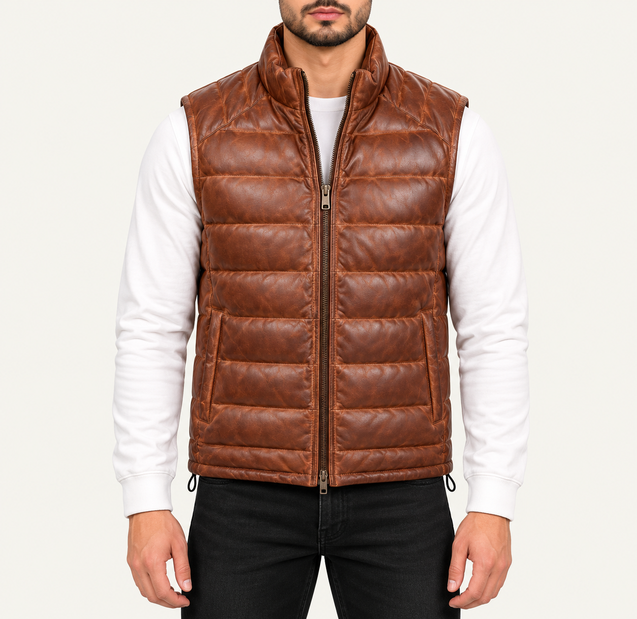 Men's Vintage Cognac Brown Quilted Leather Puffer Vest – Sleeveless Zip-Up Gilet